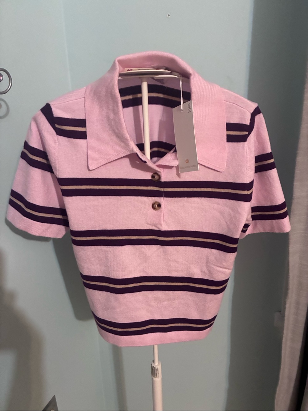 Caroline Constas Pink Polo with Purple Stripe Accents NWT